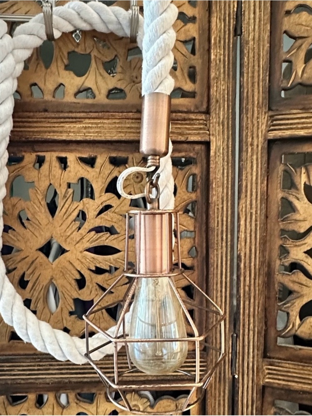 Nautical Plug In Caged Edison Bulb Pendant Light Hanging From Hemp Rope. - Picture 4 of 8